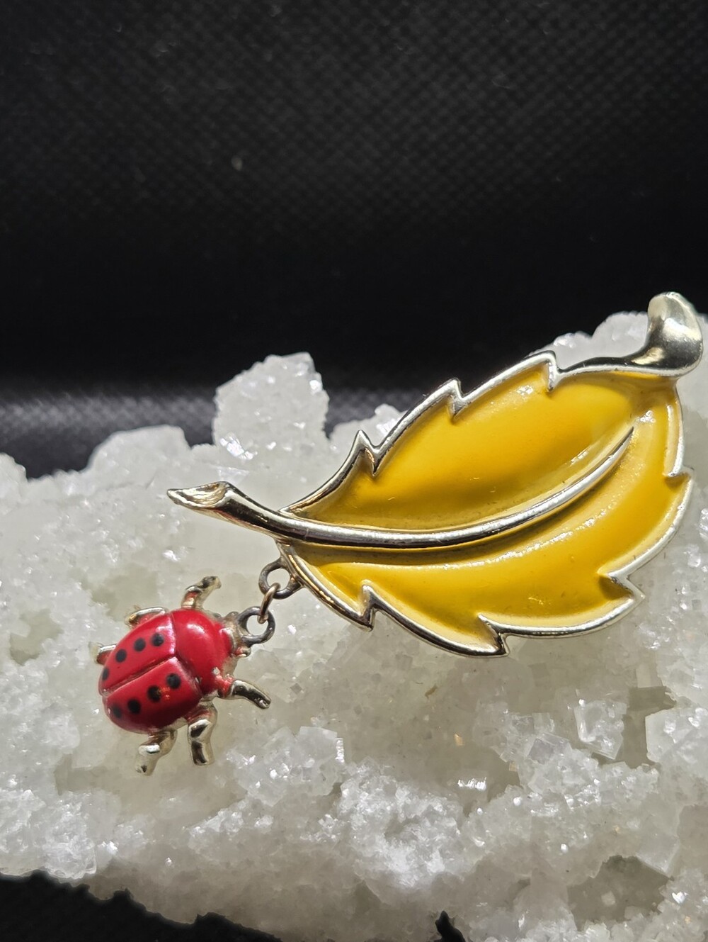 Mamselle Yellow Enamel Leaf Brooch with Red Ladybug Charm Vintage